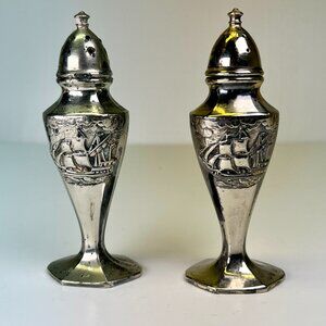Vintage Sailing Ship Schooner Silver Plate Salt & Pepper Shakers Nautical Sea